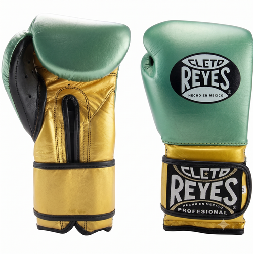 Cleto Reyes metallic sage green boxing gloves with metallic gold cuff and strap and black palm grip bar