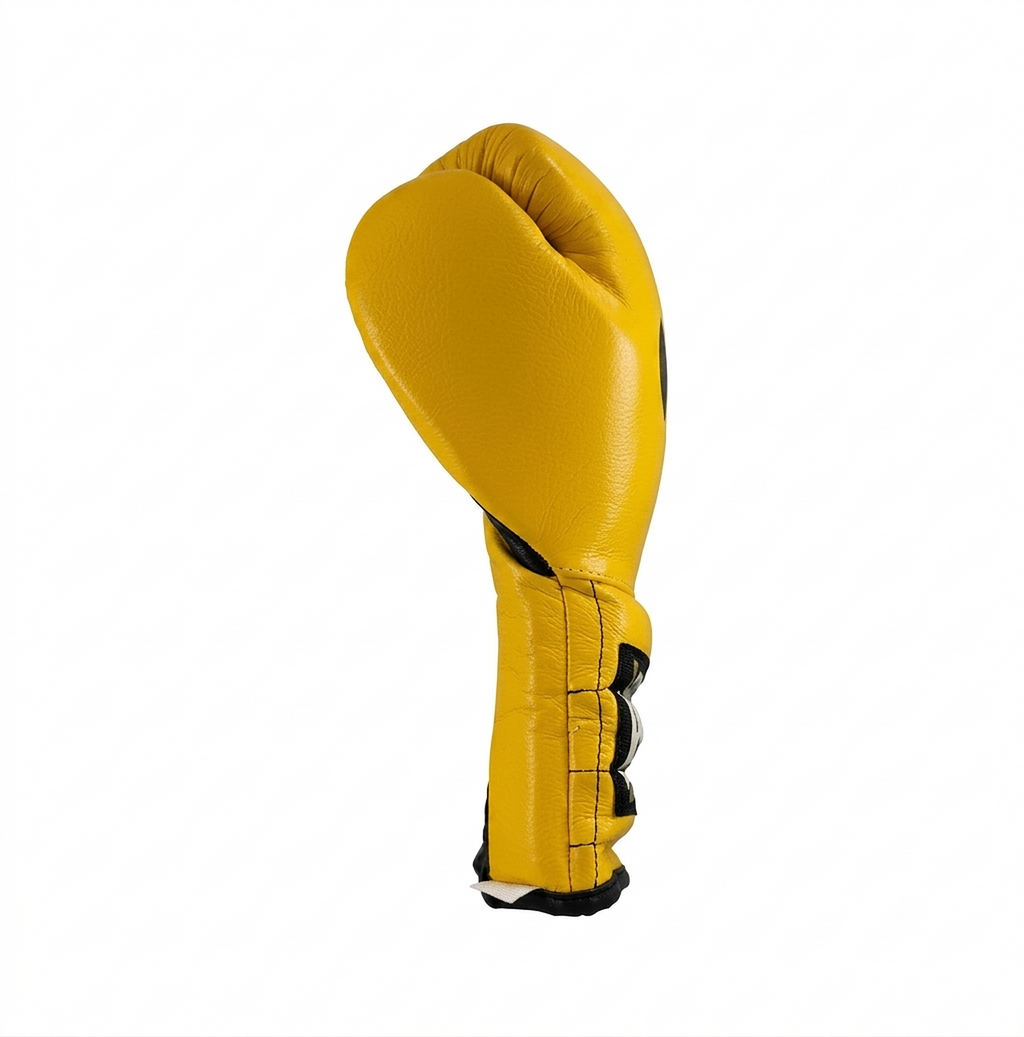 Cleto Reyes yellow leather boxing glove shown in side profile with black laces