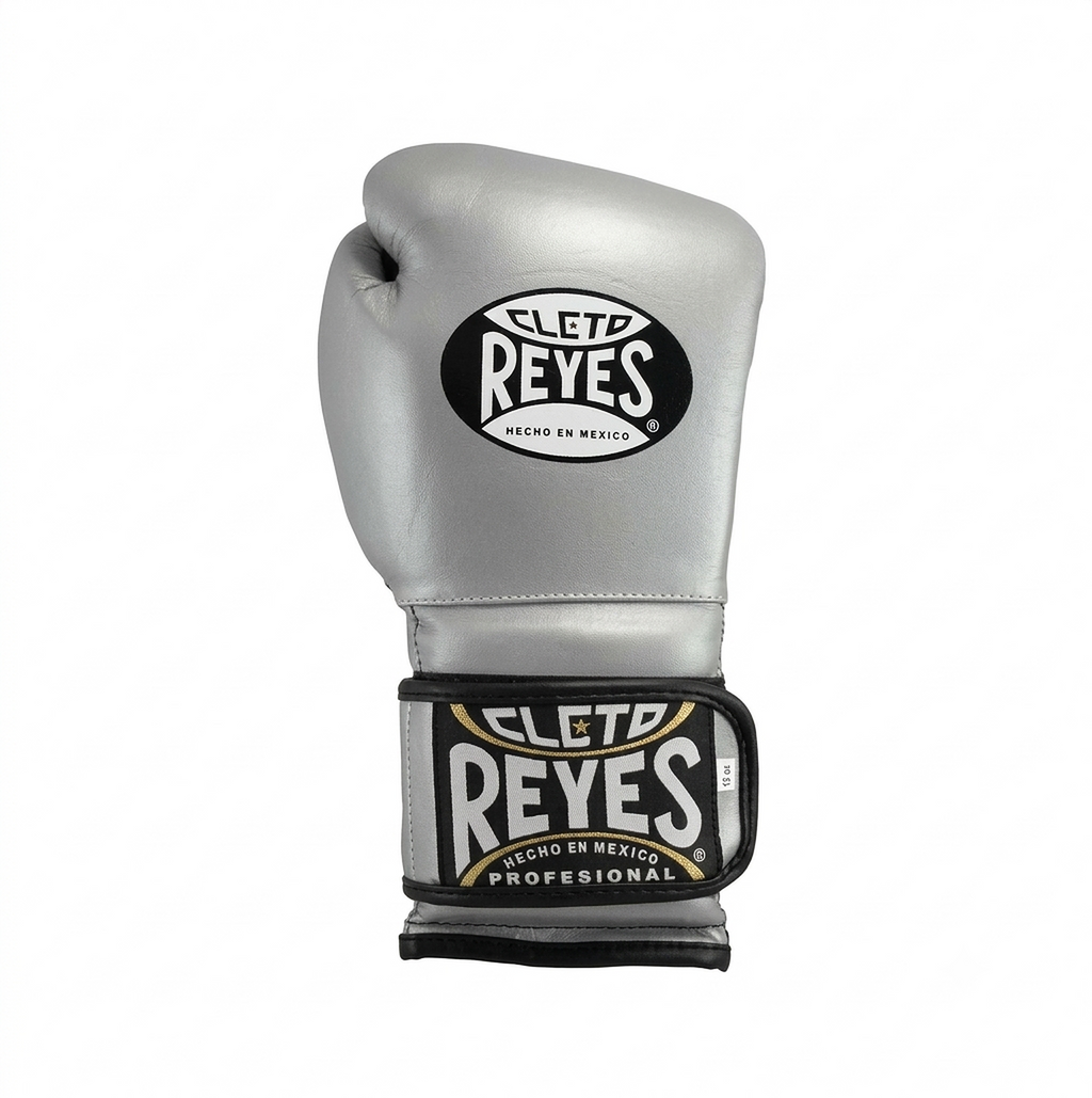 Close-up of a Cleto Reyes metallic silver leather boxing glove showing the reflective finish