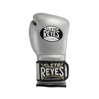 Close-up of a Cleto Reyes metallic silver leather boxing glove showing the reflective finish
