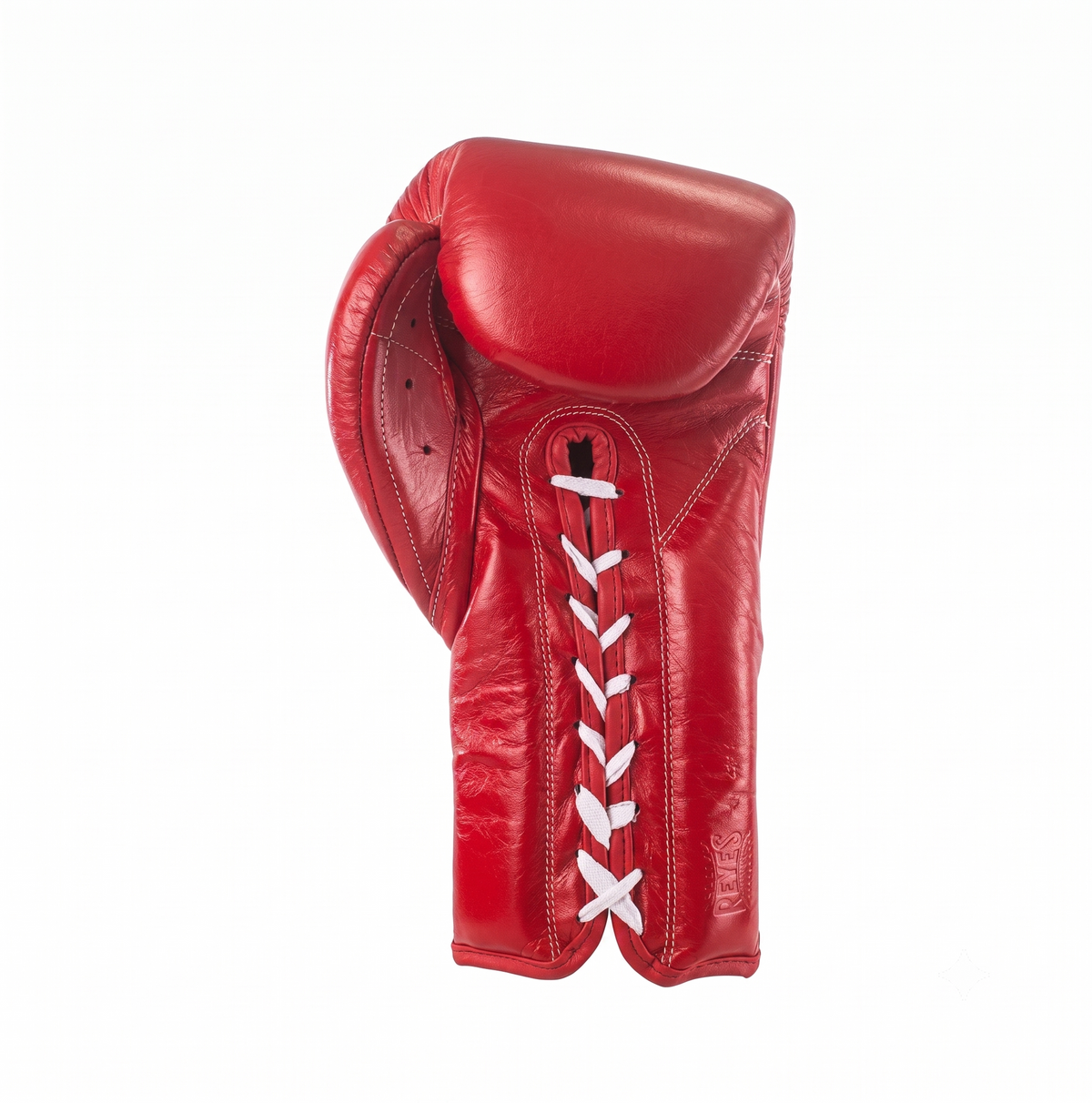 Cleto Reyes red leather boxing glove shown from the side with white laces