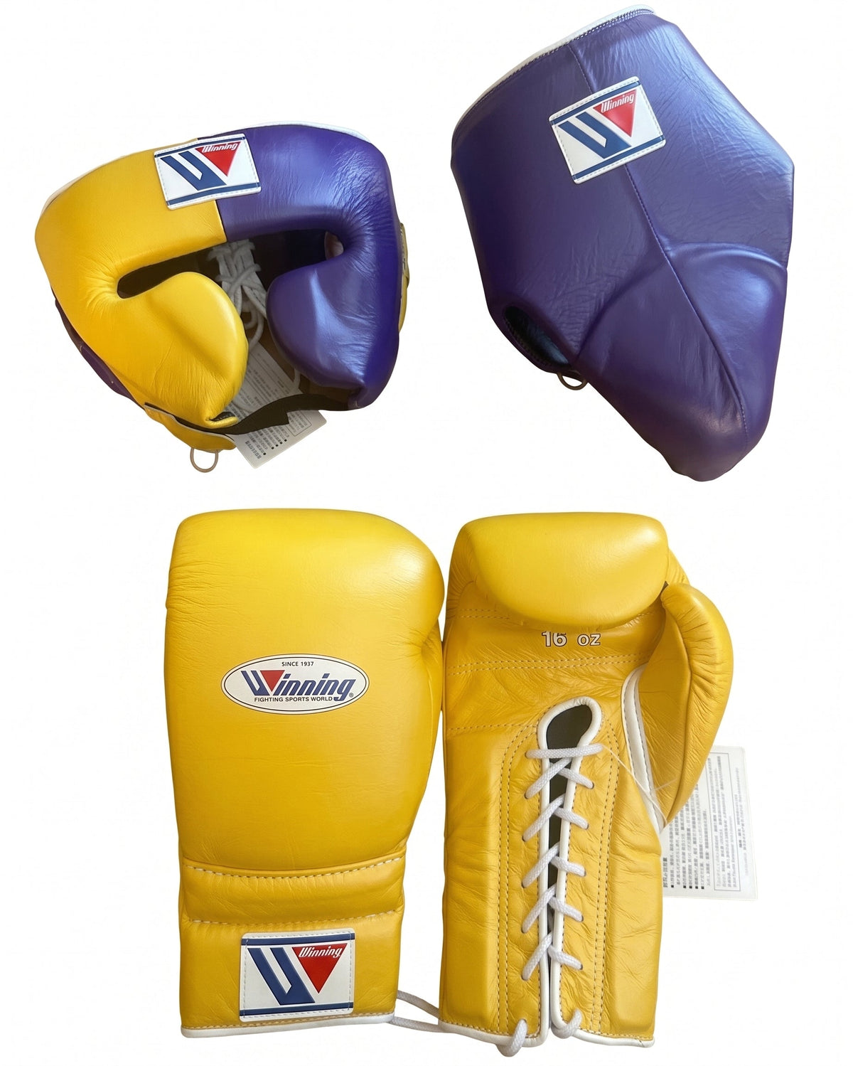 Winning yellow and purple split boxing set with lace-up gloves, headgear and matching groin guard