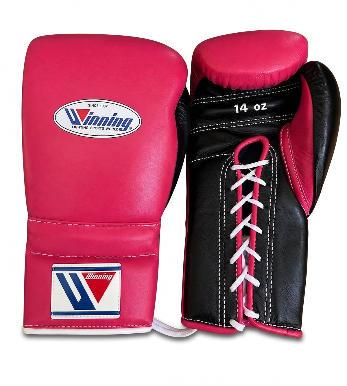 Winning lace-up boxing glove with a hot pink leather back and black palm, red, white and blue W logo on the cuff
