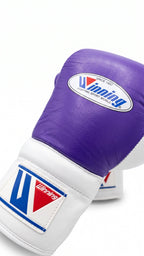 Winning lace-up boxing glove with lavender purple back, white palm and white cuff, pastel finish - palm and closure detail