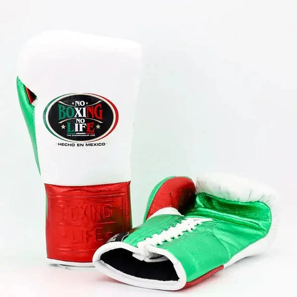 No Boxing No Life tricolor lace-up boxing gloves with white, red and green color-blocked panels