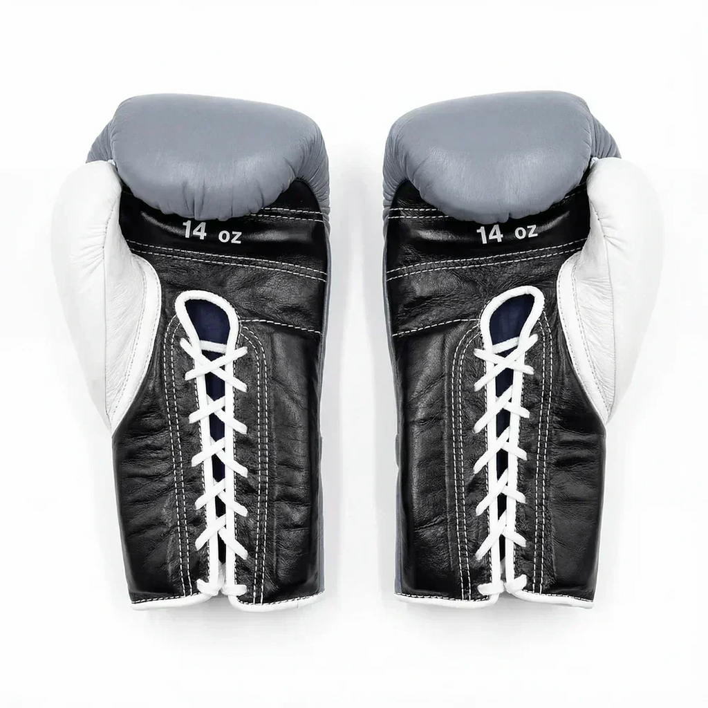 Winning MS-500 boxing gloves with light gray back and black palm, lace-up wrist and W logo - palm and closure detail