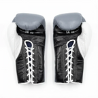 Winning MS-500 boxing gloves with light gray back and black palm, lace-up wrist and W logo - palm and closure detail
