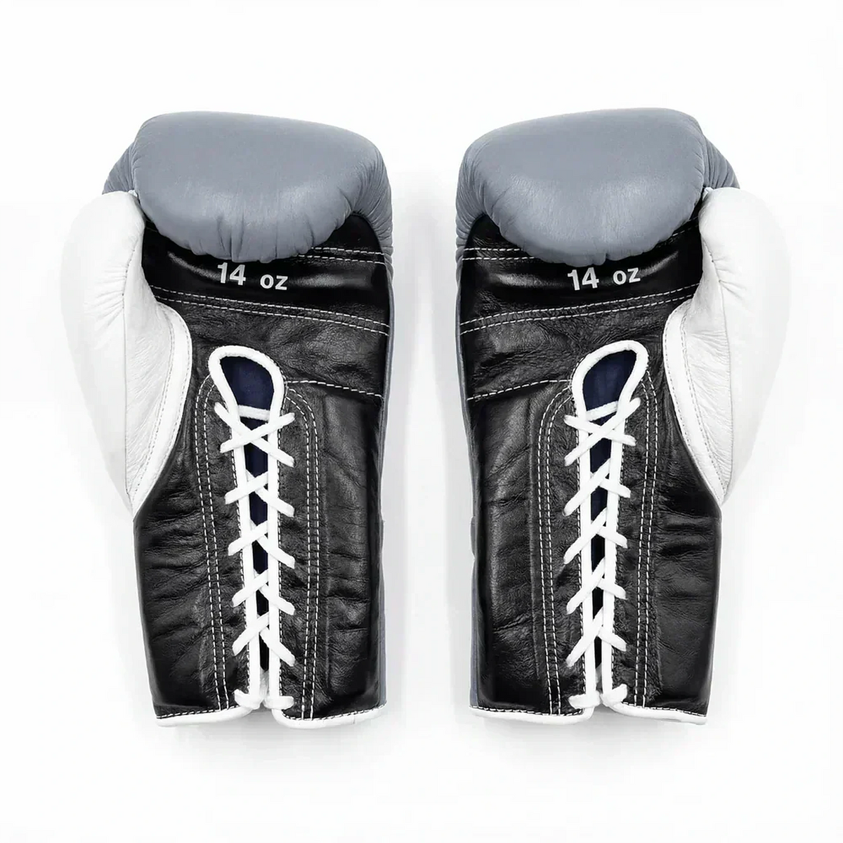 Winning MS-500 boxing gloves with light gray back and black palm, lace-up wrist and W logo - palm and closure detail