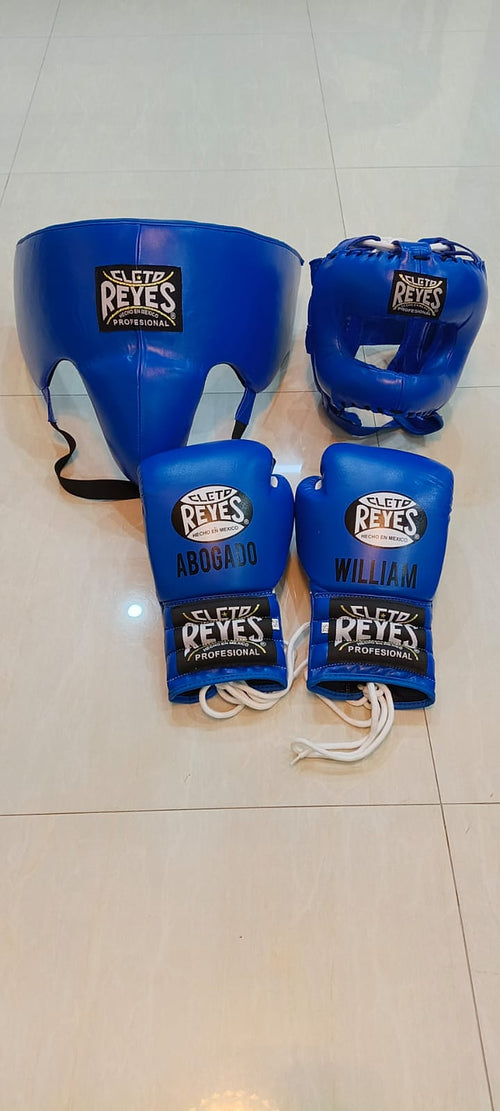 Close-up of the royal blue Cleto Reyes lace-up boxing gloves from the boxing set