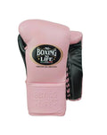No Boxing No Life lace-up boxing gloves with soft baby pink back and contrasting black palm