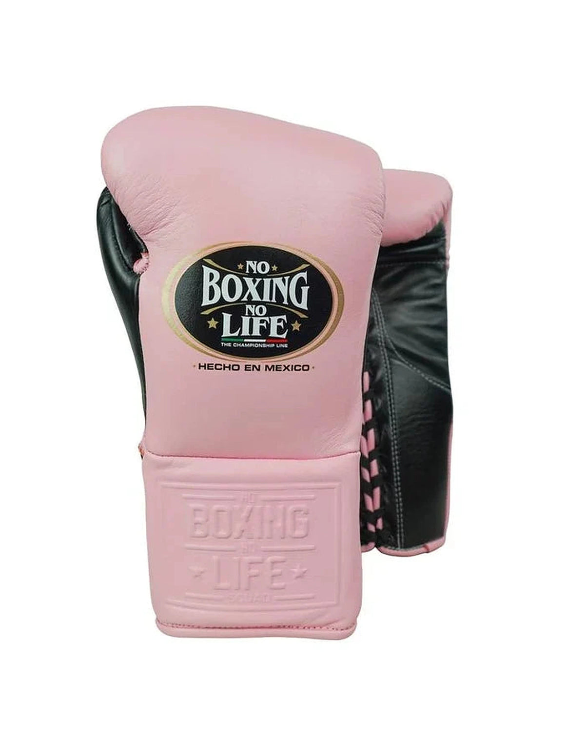 No Boxing No Life lace-up boxing gloves with soft baby pink back and contrasting black palm