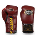 No Boxing No Life deep burgundy oxblood lace-up boxing gloves with gold laces and a gold label