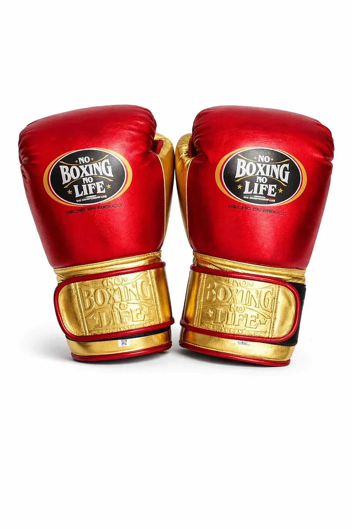 No Boxing No Life metallic red boxing gloves with gold palm and wide gold Velcro strap cuff - side view