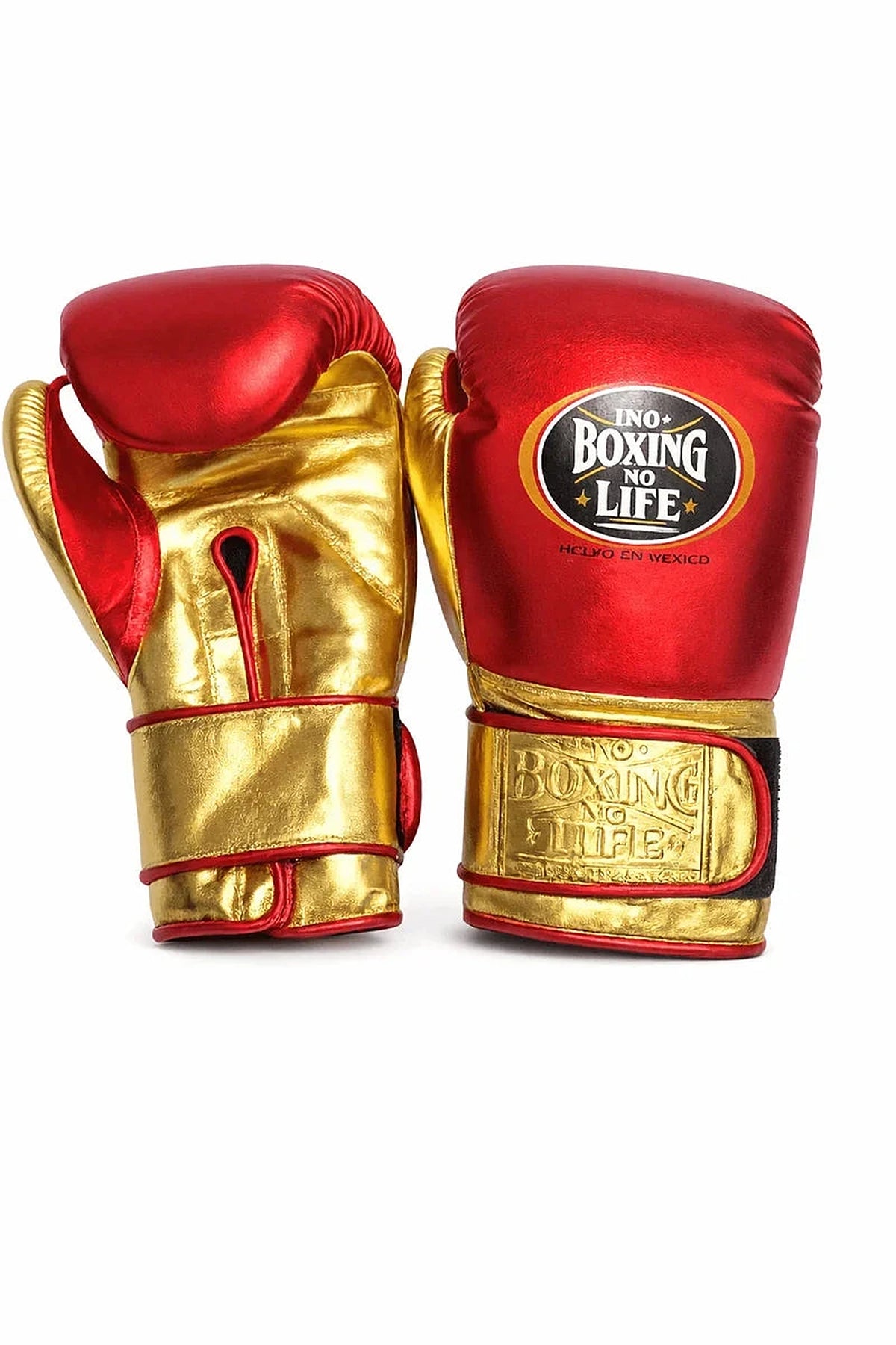 No Boxing No Life metallic red boxing gloves with gold palm and wide gold Velcro strap cuff
