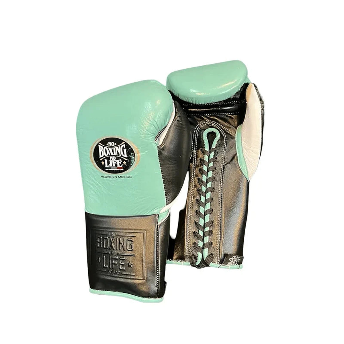 No Boxing No Life mint green lace-up boxing gloves with black palm and silver trim