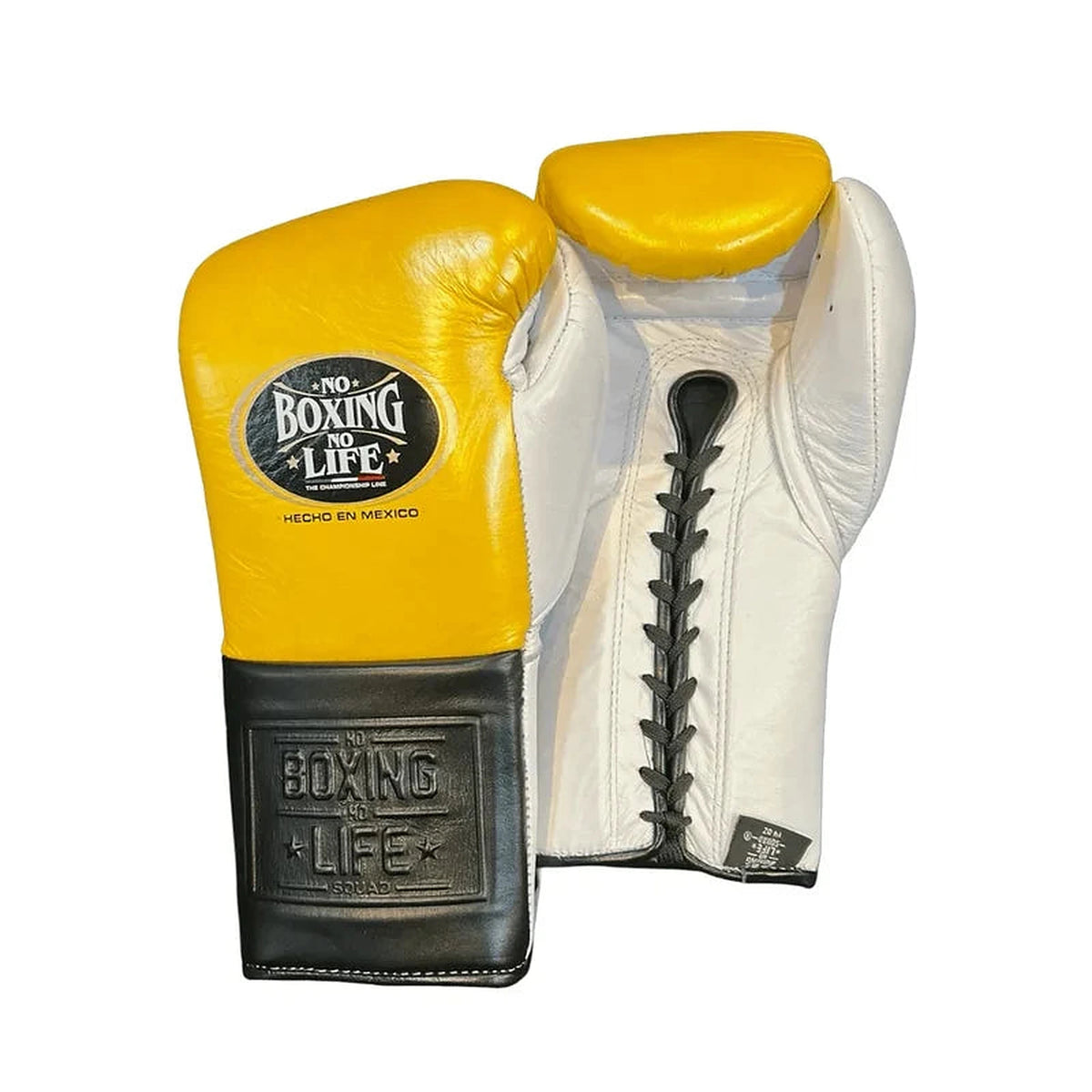 No Boxing No Life bright yellow boxing gloves with white palm and black cuff, laced at the wrist