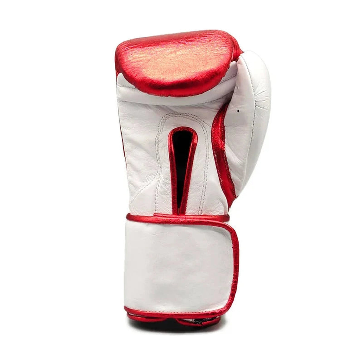 No Boxing No Life metallic red Velcro boxing gloves with crisp white strap cuff at the wrist - side view