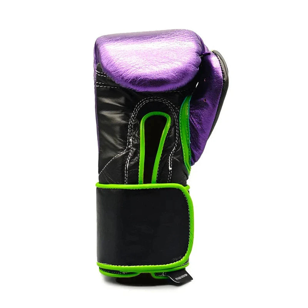 No Boxing No Life metallic purple boxing gloves with neon green trim and black hook-and-loop strap - palm and closure detail