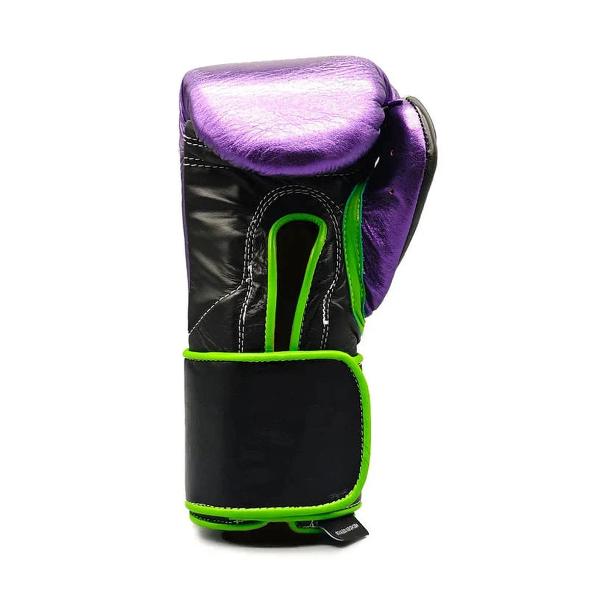 No Boxing No Life metallic purple boxing gloves with neon green trim and black hook-and-loop strap - palm and closure detail