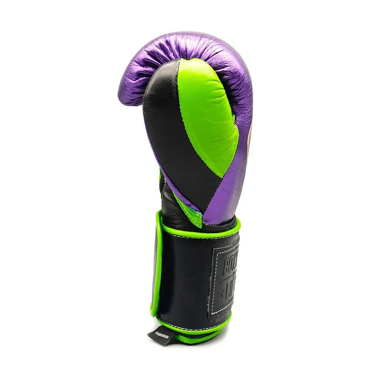 No Boxing No Life metallic purple boxing gloves with neon green trim and black hook-and-loop strap - side view