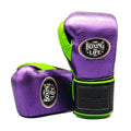 No Boxing No Life metallic purple boxing gloves with neon green trim and black hook-and-loop strap
