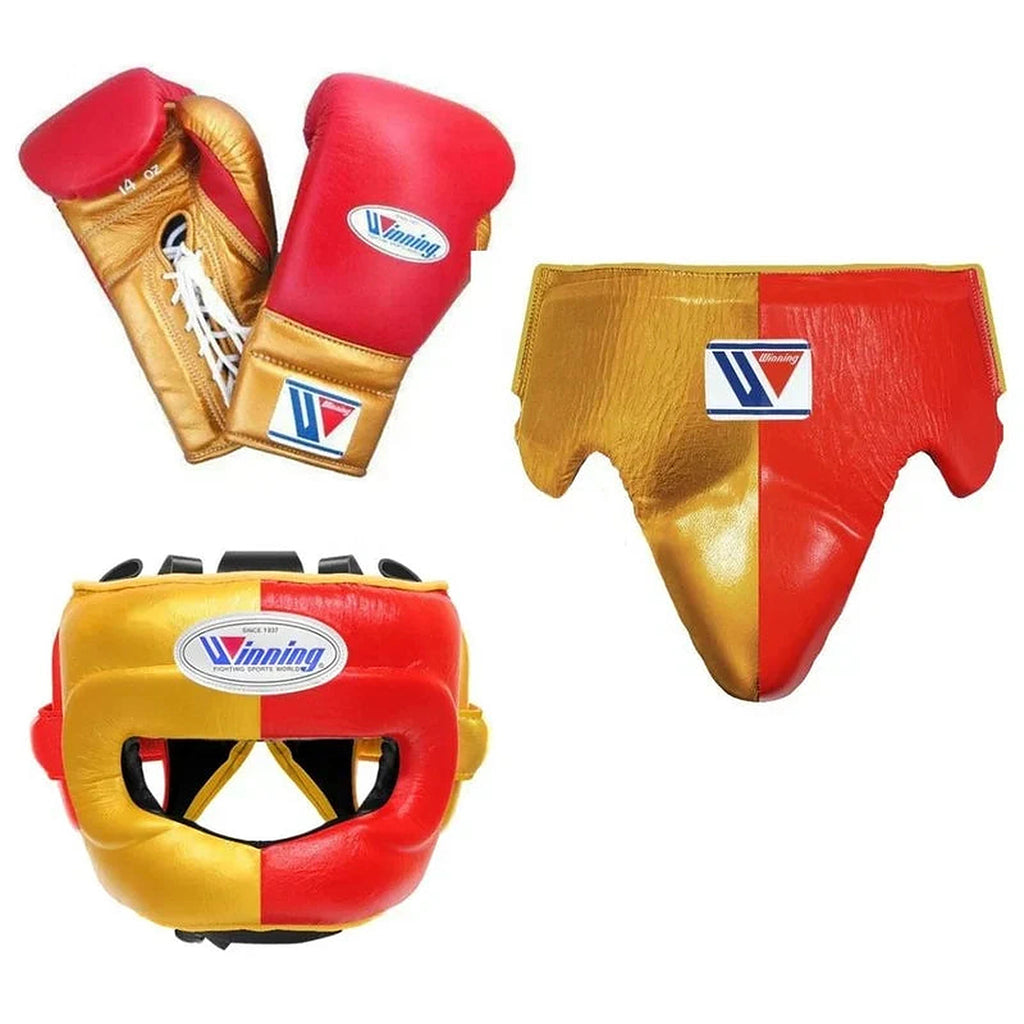 Winning red and gold split boxing set with face bar headgear, lace-up gloves and groin guard