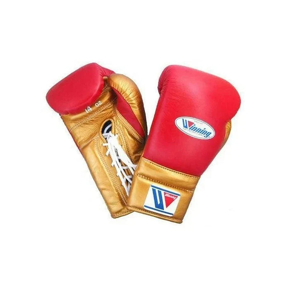 Winning red and gold split boxing set with face bar headgear, lace-up gloves and groin guard - side view