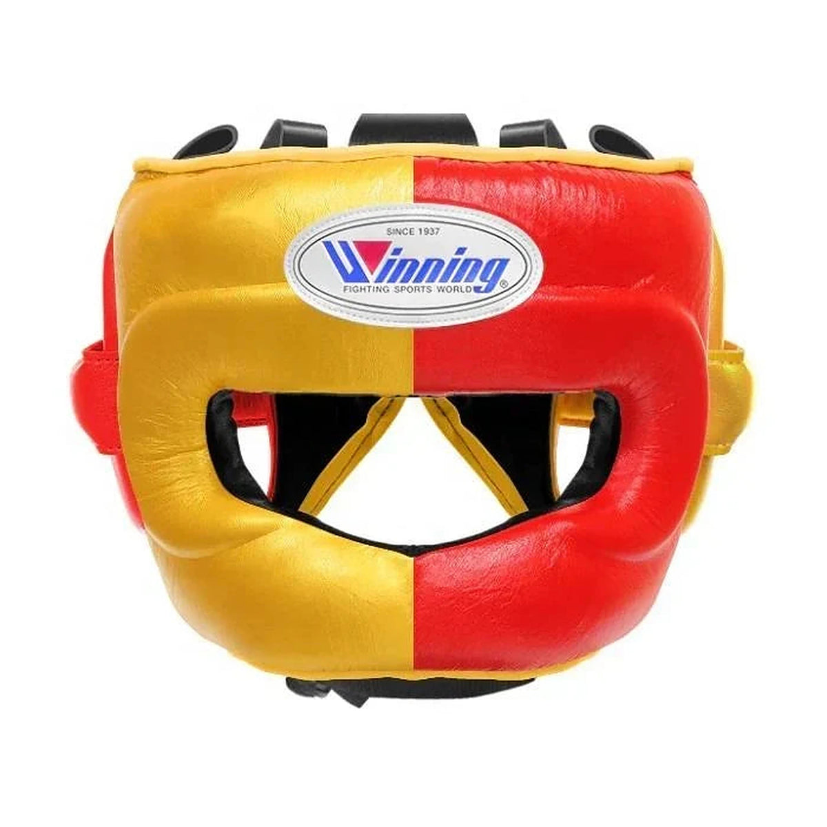 Winning red and gold split boxing set with face bar headgear, lace-up gloves and groin guard - alternate angle