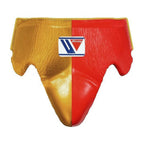 Winning red and gold split boxing set with face bar headgear, lace-up gloves and groin guard - palm and closure detail