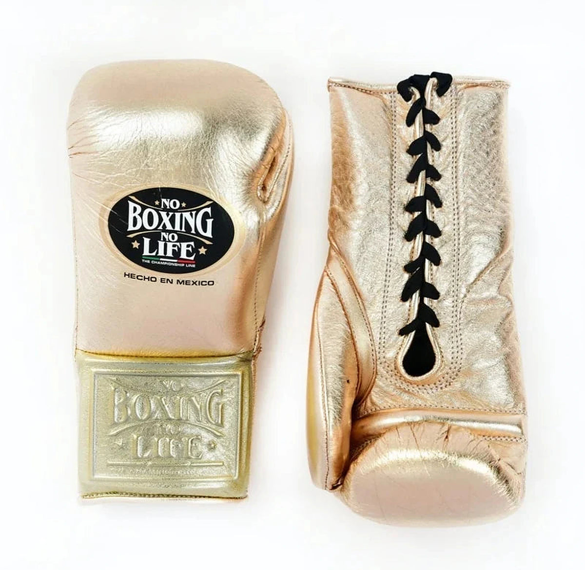 No Boxing No Life champagne-gold metallic lace-up boxing gloves with contrasting black laces