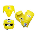 Winning full yellow boxing set with face bar headgear, yellow lace-up gloves and yellow groin guard