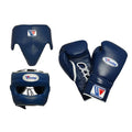Winning navy blue boxing set with lace-up gloves, headgear and groin guard showing W triangle logo
