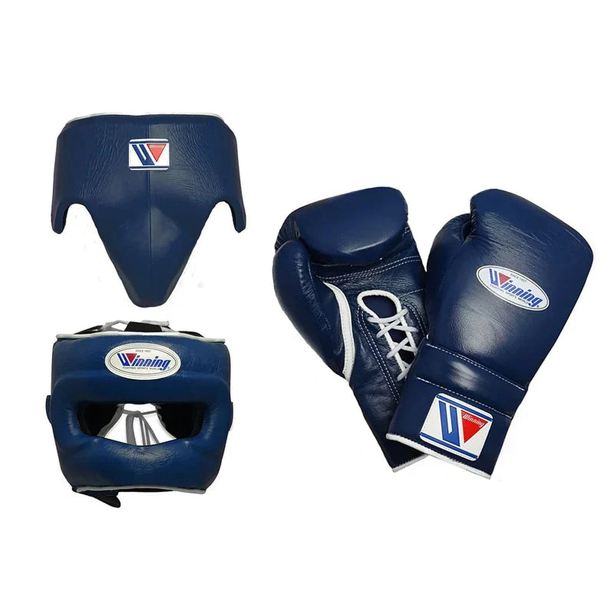 Winning navy blue boxing set with lace-up gloves, headgear and groin guard showing W triangle logo