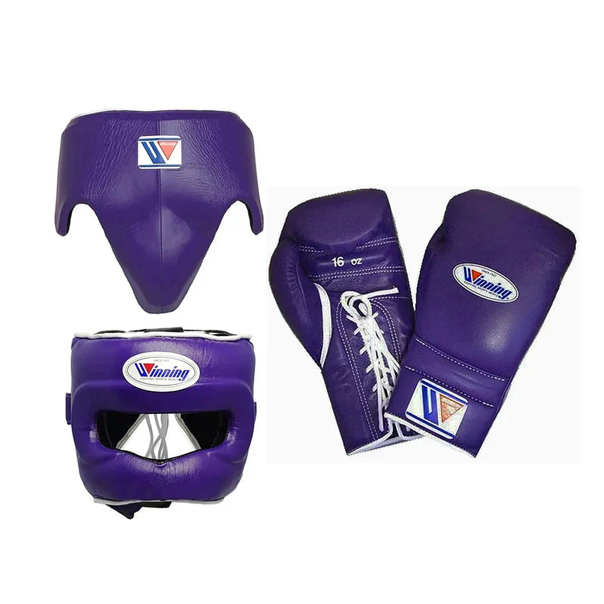 Winning full purple boxing set with face bar headgear, purple lace-up gloves and purple groin guard