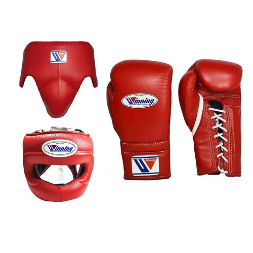 Winning full red boxing set with face bar headgear, red lace-up gloves and red groin guard
