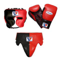 Winning black and red split boxing set with lace-up gloves, headgear and groin guard