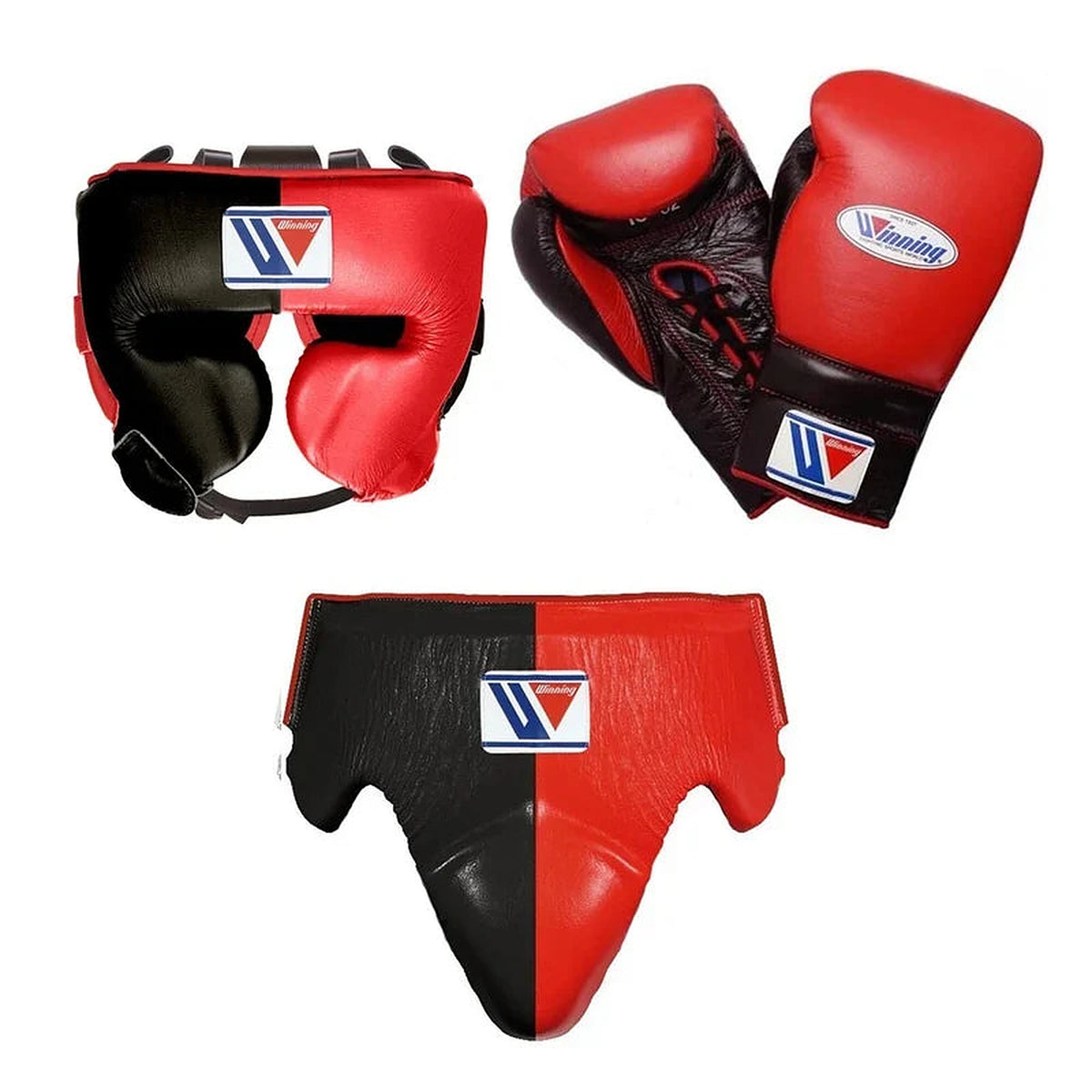 Winning black and red split boxing set with lace-up gloves, headgear and groin guard