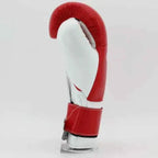 Winning MS-600-B Velcro boxing glove in red leather with a white hook-and-loop strap on the cuff - close-up of logo and cuff
