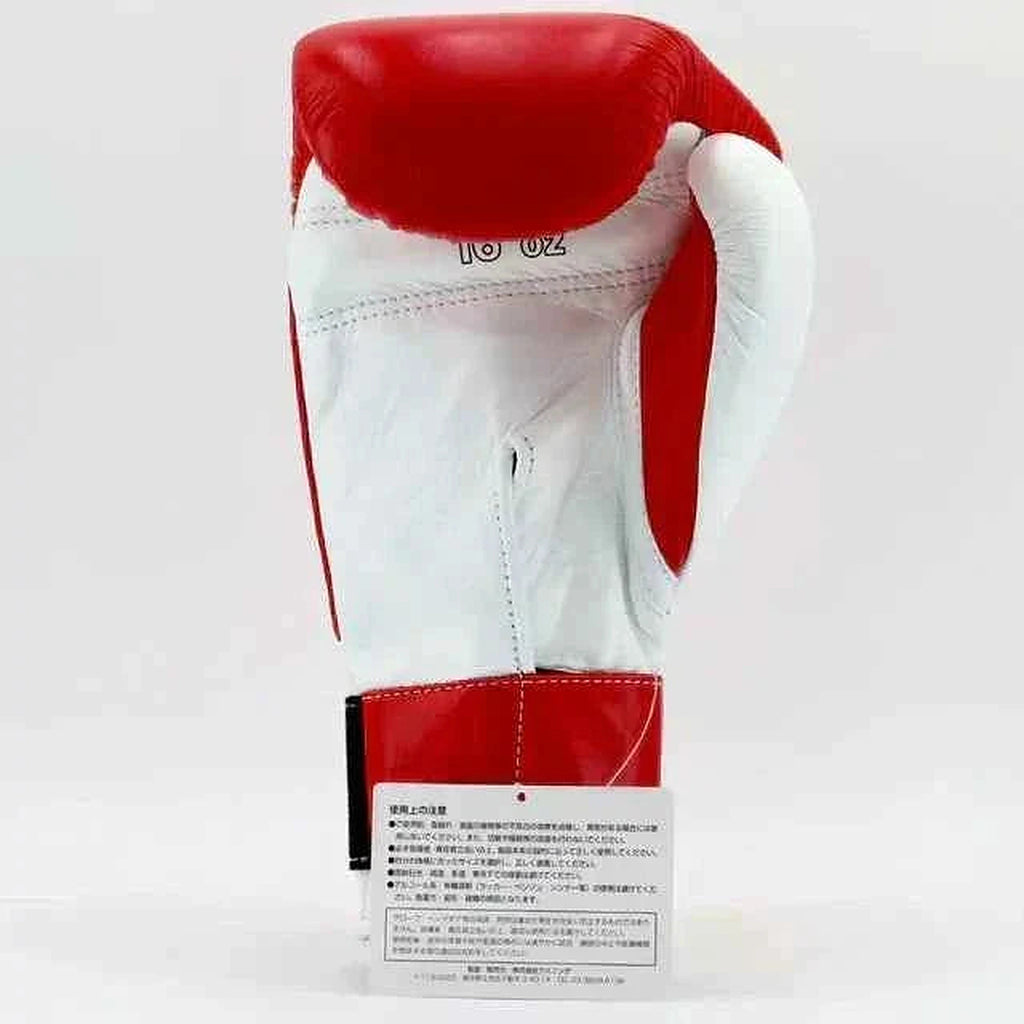 Winning MS-600-B Velcro boxing glove in red leather with a white hook-and-loop strap across the cuff - alternate angle