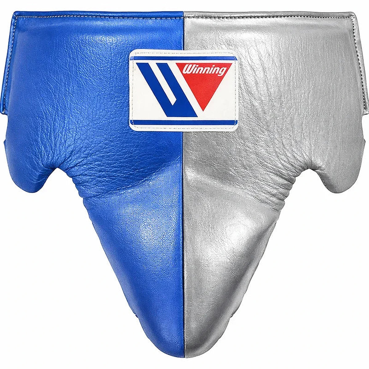 Winning groin protector split between bright royal blue and silver halves, front view with waistband