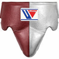 Winning burgundy and white-silver split groin guard with wide waistband and padded cup