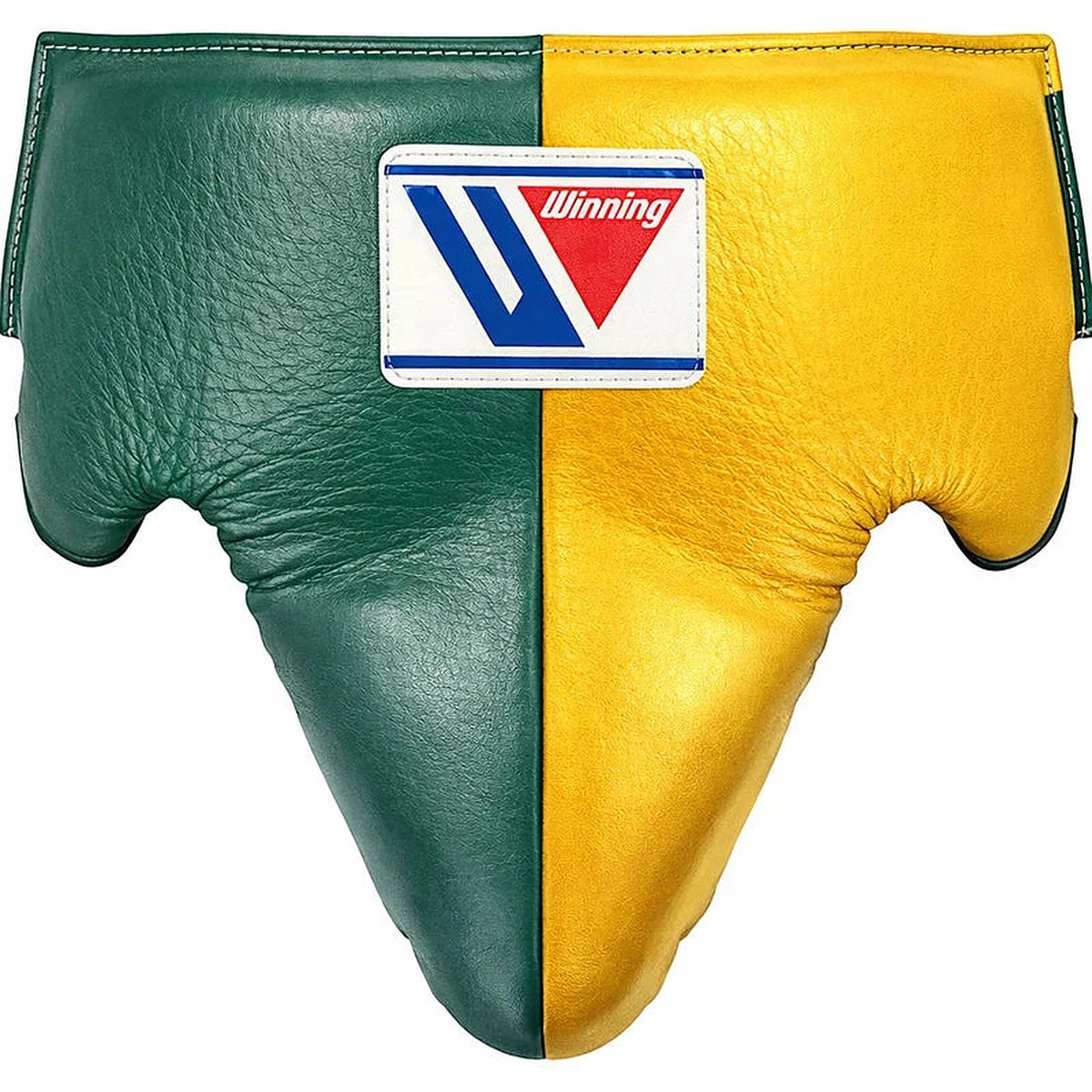 Winning dark green and yellow split groin guard with wide waistband and padded cup