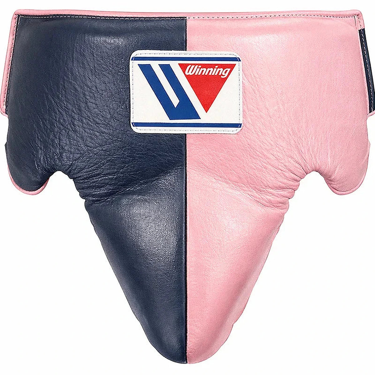 Winning navy and pink split groin guard with wide waistband and padded cup, front-facing