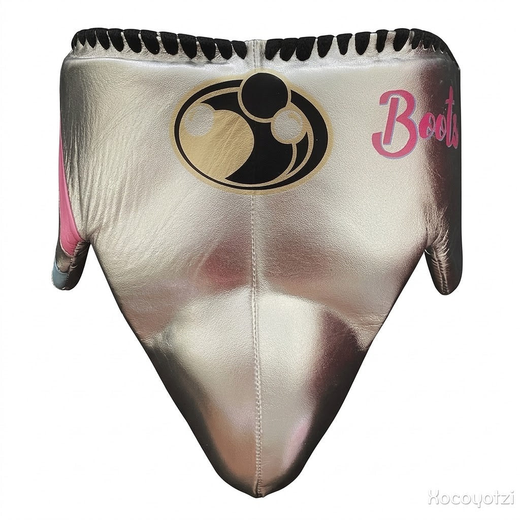 Grant metallic silver lace-up boxing gloves and headgear with pink and light blue accents, plus groin guard - alternate angle