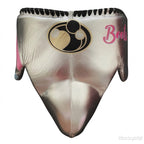 Grant metallic silver lace-up boxing gloves and headgear with pink and light blue accents, plus groin guard - alternate angle