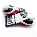 Grant lace-up gloves with white back, black palm, red thumb and cuff accents and red laces - side view