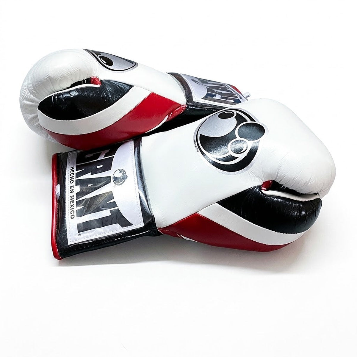 Grant lace-up gloves with white back, black palm, red thumb and cuff accents and red laces - side view