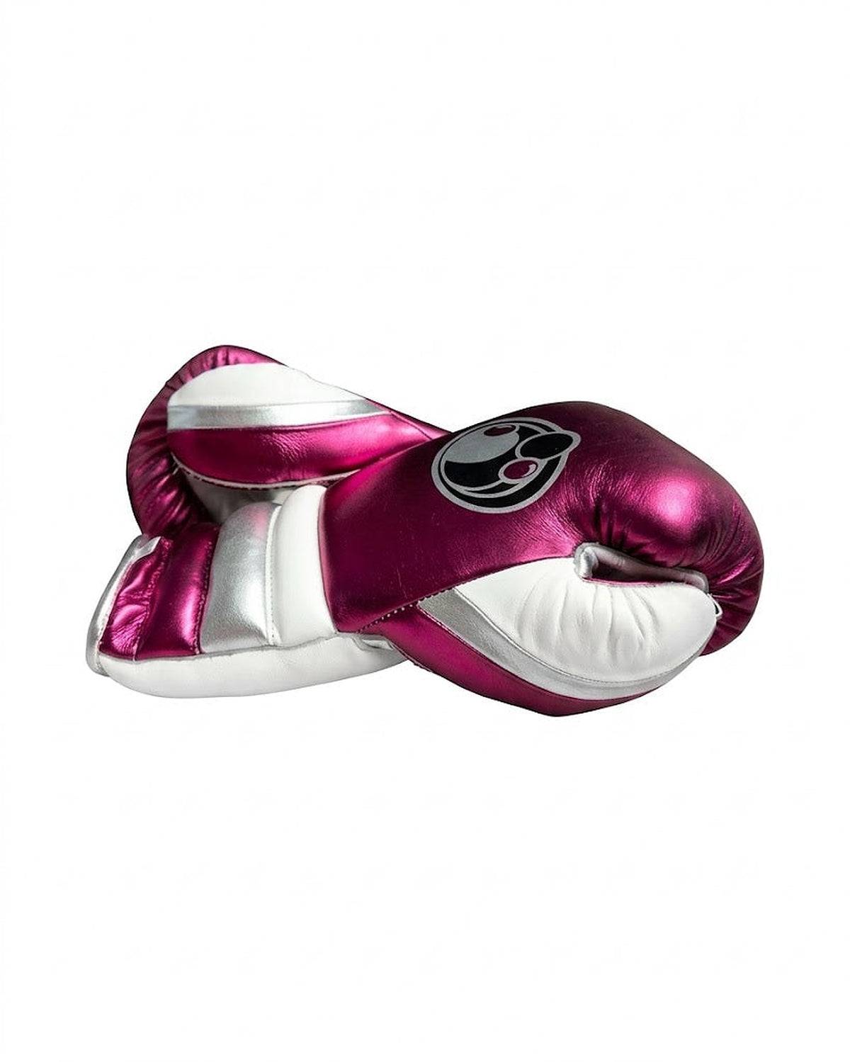 Grant boxing gloves with metallic wine red back, white palm and silver cuff band in lace-up style - side view