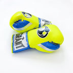 Small Grant boxing glove with fluorescent yellow back and royal blue palm in lace-up style - side view