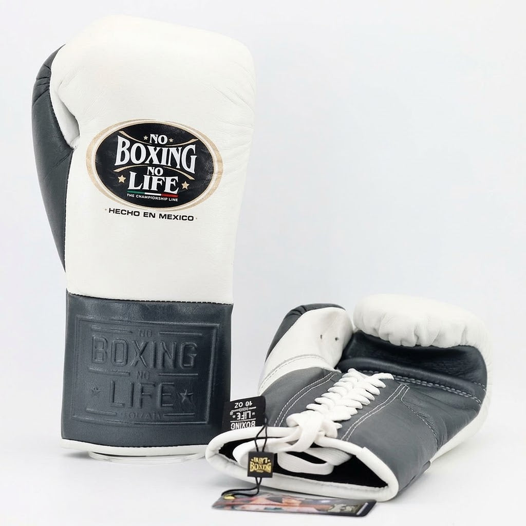 No Boxing No Life lace-up boxing gloves with white back and slate gray palm and cuff